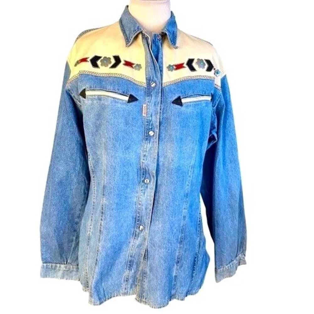Shooter Western Denim Shirt Womens Large Blue Cream Pearl Snap Southwestern L